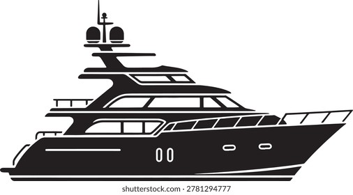 Clean black and white illustration of a sleek luxury yacht viewed from the side.