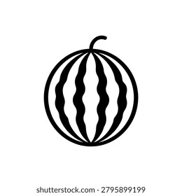 A clean black and white illustration of a watermelon slice featuring a green stem and classic striped texture for food design
