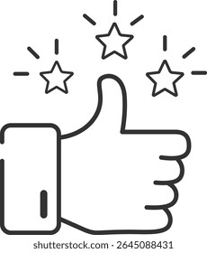 A clean, black and white line art illustration showing a thumbs up gesture accompanied by three stars radiating light, symbolizing positive feedback and success.