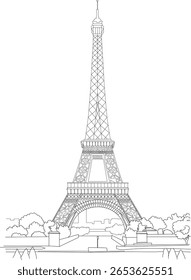 Clean black and white line art of the Eiffel Tower, the famous Parisian landmark. Ideal for graphic design, education, and travel themes.