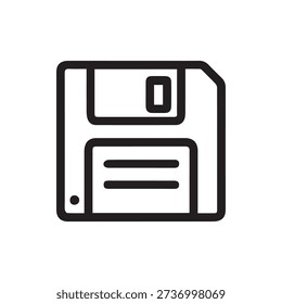 A clean black and white line art icon of a floppy disk. This symbol represents saving data and is ideal for user interfaces and modern web design.