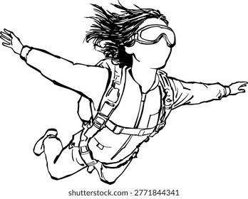 A clean black and white line art illustration of a woman skydiver in a flat stable freefall position during flight.