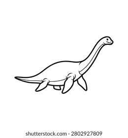 A clean black and white line art illustration of a plesiosaur, a prehistoric marine reptile. The creature features a long, slender neck, a small smiling head, and four large flippers for swimming. This minimalist vector drawing is isolated on a white background, making it ideal for coloring books, educational materials, or children's graphics.