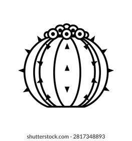 Clean black and white line art vector of a round barrel cactus with sharp thorns and small flowers on top, isolated on a plain white background.