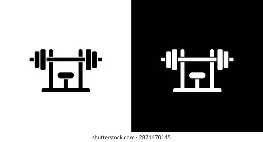 A clean black and white line art icon featuring a dumbbell bench press stand with weights and bench seat for gym fitness designs