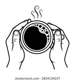 A clean black and white line art icon showing two hands cradling a steaming cup of coffee. Perfect for cafe menus, coffee shop branding, breakfast concepts, or web.