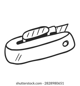 A clean black and white line art drawing of a retractable utility box cutter knife isolated on a white background.