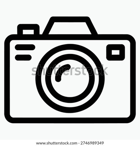 A clean black and white line art icon representing a camera featuring a distinct lens and viewfinder
