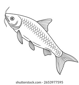 Clean black and white line drawing of a swai fish, perfect for coloring pages, educational use, or aquatic-themed designs.