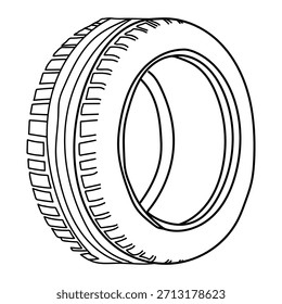 Un dibujo de línea limpio, en blanco y negro de un neumático de automóvil, que muestra su patrón de banda de rodadura y detalles de la pared lateral