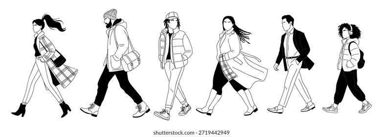 Dibujo de línea blanco y negro limpio de diferentes personas que caminan en atuendo casual de invierno y otoño aislado sobre fondo blanco