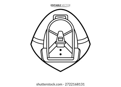 Um desenho de linha limpo, preto e branco mostra uma mochila dentro de uma forma triangular distinta.