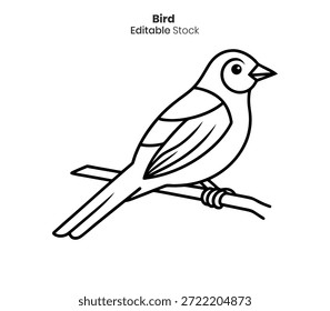 Un dibujo de línea limpio, en blanco y negro de un pájaro que descansa sobre una rama, perfecto para ilustraciones.