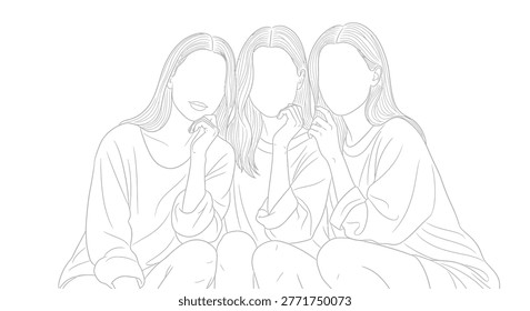 A clean, black and white line drawing portrays three women in a relaxed pose, with their features intentionally left undefined.