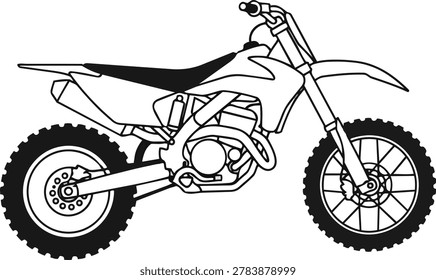 A clean, black and white line drawing of a dirt bike, perfect for coloring books, design elements, or educational materials. Features detailed components.