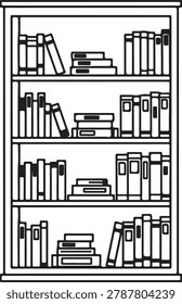 Clean black and white line drawing of a bookshelf stocked with books of different sizes and orientations, ideal for editorial and educational use.