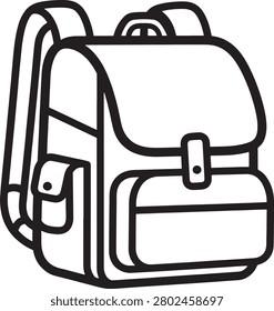 A clean black and white line drawing of a sturdy backpack featuring two shoulder straps and a front buckle closure, ideal for school or travel use.