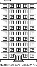A clean black and white line drawing depicting the front of a tall residential building with numerous windows and a symmetrical entrance.