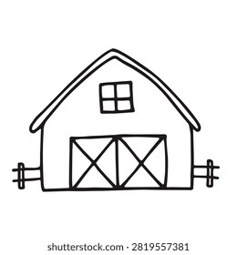 A clean black and white line drawing of a traditional farm barn with a large double door and a small square window, isolated on white background.