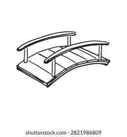 A clean black and white line drawing of a small arched wooden garden bridge with railings isolated on a white background.