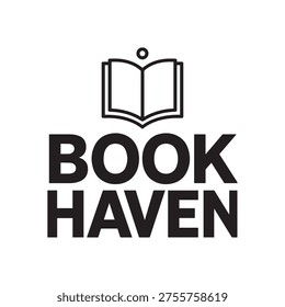A clean black and white logo for 'Book Haven'. Features bold text and a minimalist line icon of an open book, symbolizing a sanctuary for readers.