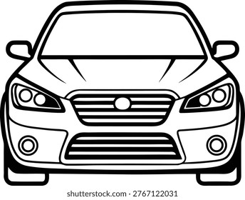 A clean black and white outline drawing of a modern sedan's front fascia emphasizing the grille and dual headlights