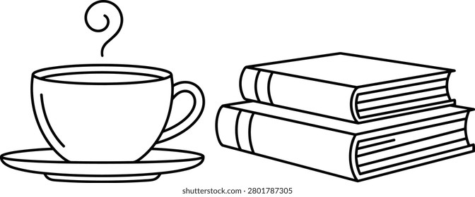A clean black and white outline drawing featuring a steaming cup of coffee next to a stack of books. Ideal for coloring pages, lifestyle blog graphics, and minimalist literary-themed designs.
