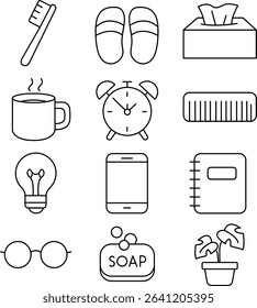 A clean black and white outline icon set of daily household and personal items, including toothbrush, slippers, tissue box, mug, alarm clock, comb, light bulb, smartphone, notebook, eyeglasses, soap, 