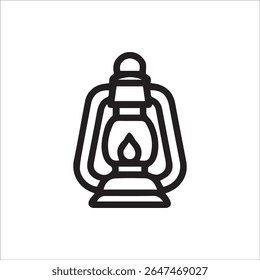 Um ícone de contorno preto e branco limpo de uma lâmpada de óleo clássica que ilumina a escuridão, representando a herança de aventura e a luz confiável para várias aplicações de design.