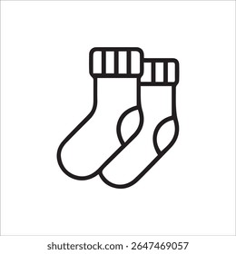 A clean black and white outline icon featuring a pair of socks. Perfect for minimalist designs, clothing apps, or winter season themes, symbolizing warmth, comfort, and everyday apparel.