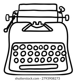 A clean black and white outline illustration of a classic mechanical typewriter with circular keys and a paper carriage