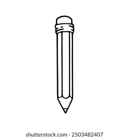 A clean black and white outline of a pencil, featuring a classic cylindrical shape with an eraser at the top.