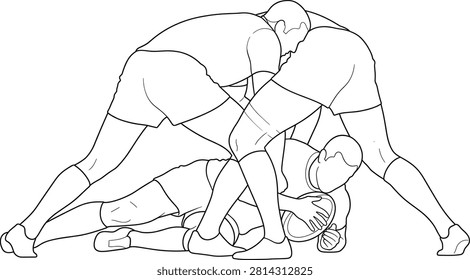 A clean black and white outline vector illustration showing professional rugby athletes contesting possession in a breakdown or ruck formation. This minimal sports drawing is excellent for team coaching materials, training infographics, sports club branding, and educational coloring pages.