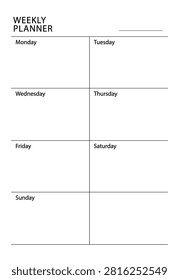 Clean black and white portrait layout weekly schedule page featuring two columns with large blank blocks for Monday through Sunday and a top date header line. Vector illustration