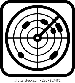 A clean black and white radar icon featuring a circular grid, target blips, and a scanning sweep. This graphic is ideal for navigation, aviation, and military-themed interface designs.