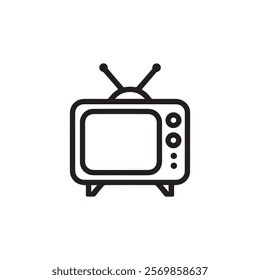 Clean black and white retro TV vector icon with antenna and buttons, perfect for media, technology, and nostalgia-themed designs and projects.