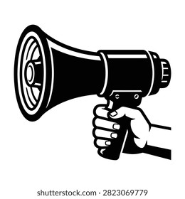 A clean black and white silhouette of a hand holding a megaphone, symbolizing communication, protest, public announcement, marketing, or urgent social messaging.