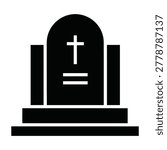 A clean black and white tombstone icon featuring a Christian cross, representing death, mourning, and funeral services. Perfect for cemetery signage or memorial designs.