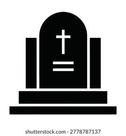 A clean black and white tombstone icon featuring a Christian cross, representing death, mourning, and funeral services. Perfect for cemetery signage or memorial designs.