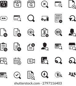 A clean black and white vector collection of thirty six search and magnifying glass icons representing inspection, analysis, and discovery concepts. Includes document, web page, user, video, and calendar symbols—ideal for UI design, apps, websites, and data visualization projects.