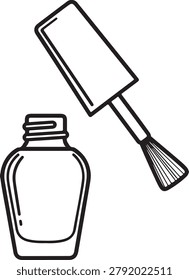 Clean black and white vector drawing of a nail polish bottle with brush for beauty and nail art design.