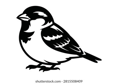 A clean black and white vector graphic featuring a cute sparrow in a minimalist style. The simple silhouette design captures the essence of a small wild bird with sharp lines perfect for creative projects.