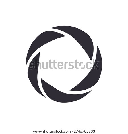 A clean black and white vector graphic of a camera shutter or aperture. The minimalist design features rotating blades symbolizing motion and focus.