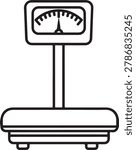 Clean black and white vector icon of an old-fashioned analog weighing scale featuring a round dial gauge for measuring weight.