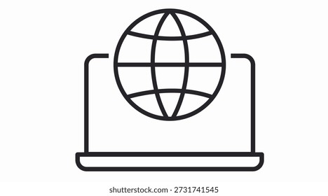 Ícone de vetor em preto-e-branco limpo mostrando um notebook com um símbolo de globo terrestre, ideal para representar acesso global à Internet, plataformas on-line, comunicação digital, tecnologia da Web e trabalho remoto. Este design minimalista e escalável é perfeito para interface de usuário, interfaces UX, aplicativos, sites, e-commerce e projetos de tecnologia modernos.