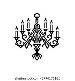 A clean black and white vector icon of a classic chandelier featuring six lit candles with an elegant geometric design, perfect for luxury branding.