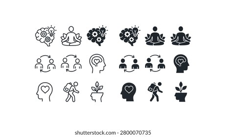 A clean black and white vector icon collection illustrating concepts of mindfulness, mental health, brain activity, meditation, emotional connection, and personal growth. Perfect for wellness apps, therapy materials, or educational content.