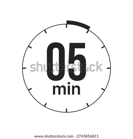 A clean black and white vector icon representing a five minute timer or countdown. The design features a circular clock face with tick marks and a bold segment highlighting the five minute interval.