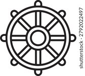 Clean black and white vector illustration of a traditional Dharma wheel with eight spokes and central hub, minimalist design for spiritual or religious use.