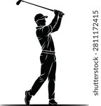 Clean black and white vector illustration of a golfer completing a powerful golf swing in a classic follow-through stance with a golf club. Ideal for golf club branding, tournament promotions, sports apparel, logos, posters, coaching materials, and commercial design projects.